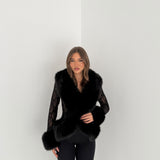 Blusa ricamata con collo in ecofur Corinèe K6668- NERO